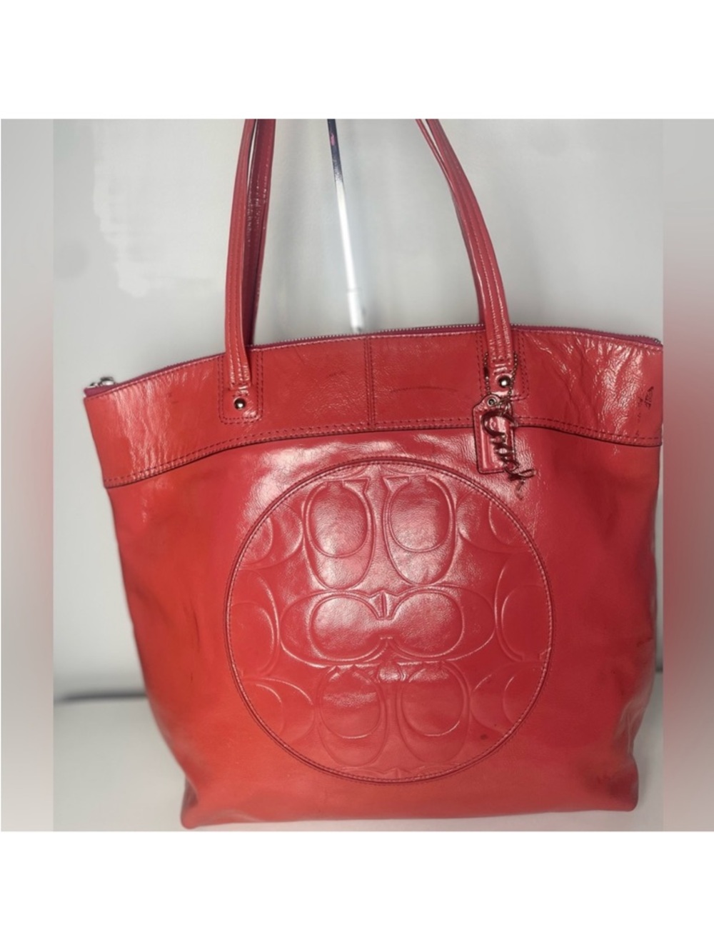 Coach Red Leather Embossed Logo Tote